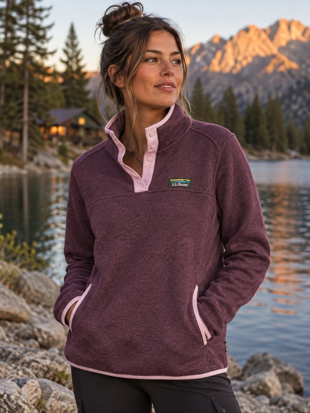 L.L.Bean Women’s Large Snap Neck Fleece Pullover Plum Pink Outdoor Cozy
